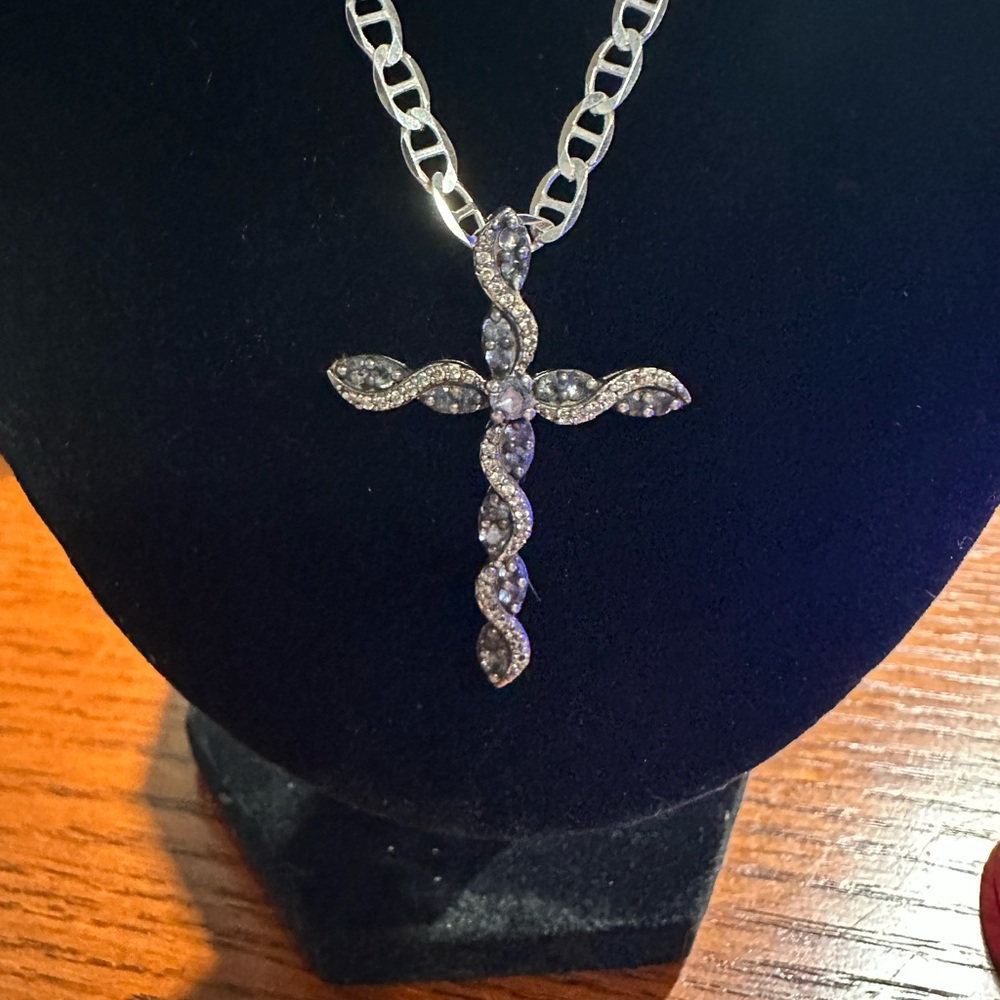 925 SS Cross & Chain Sapphire  Pendant Necklace